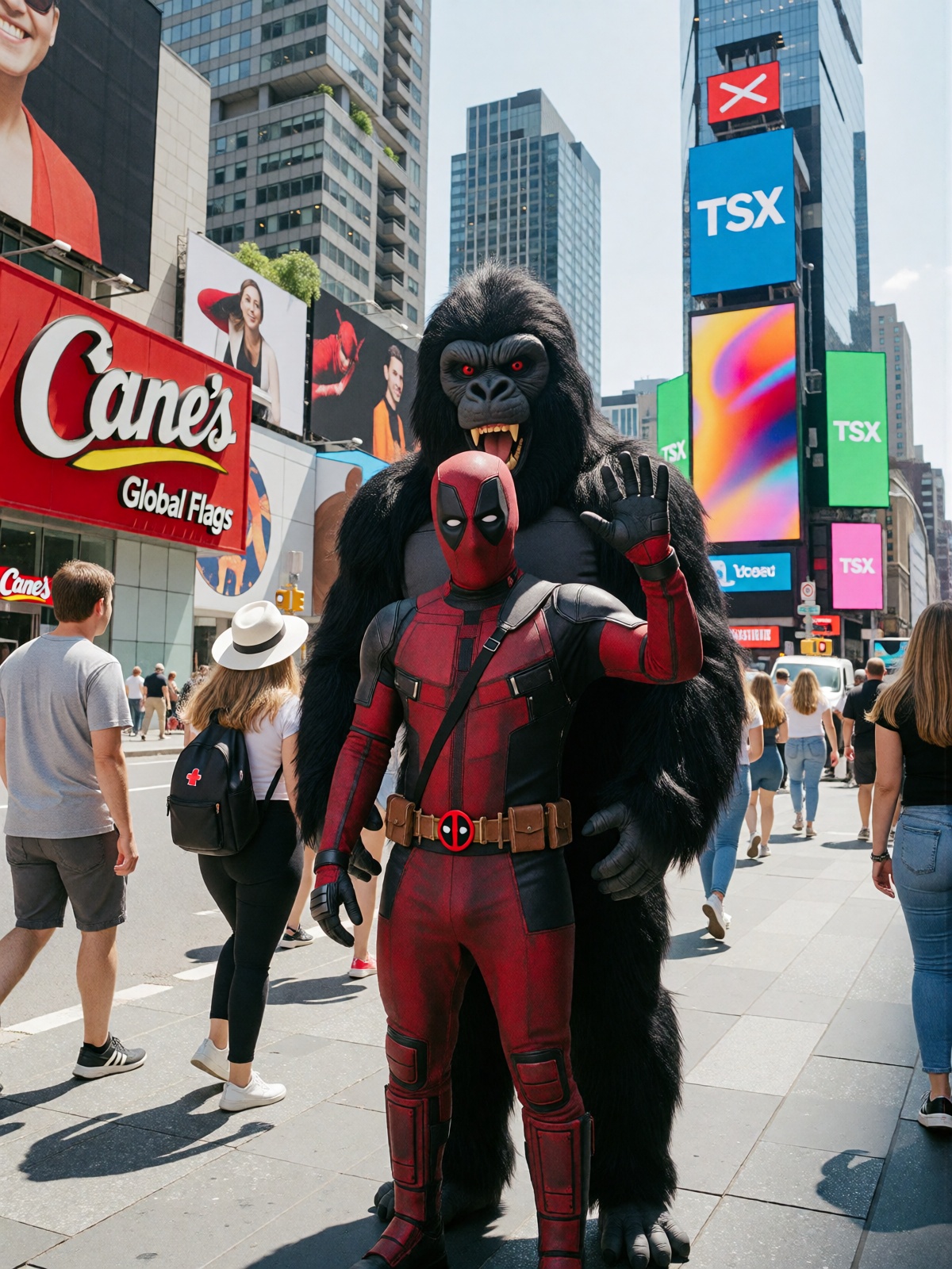 This is a vibrant,  sunny street scene in a bustling urban environment,  likely Times Square in New York City on Tensor.Art
