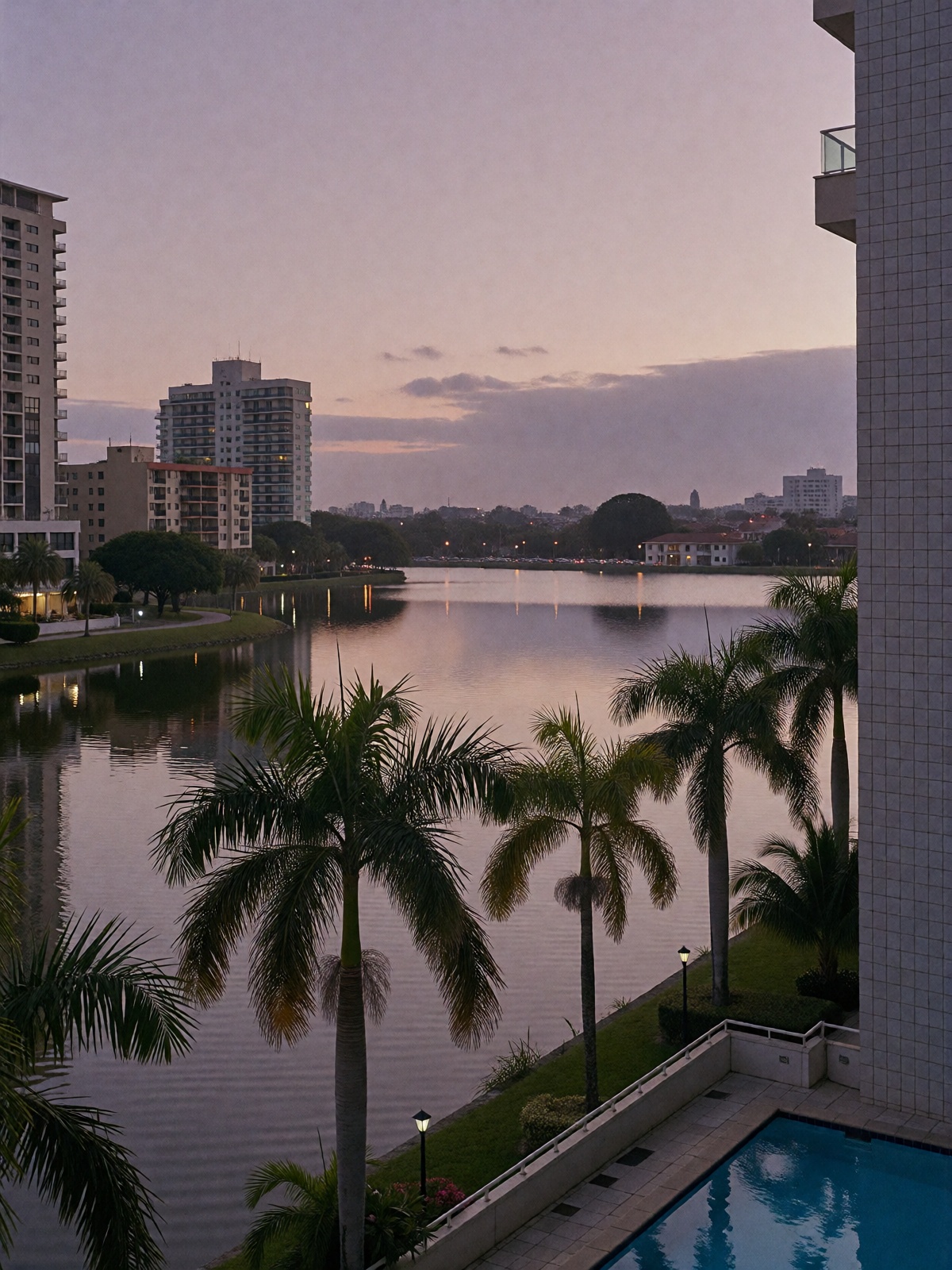 This is a serene twilight scene overlooking a calm body of water,  likely a lake or lagoon,  framed by palm trees and urba...