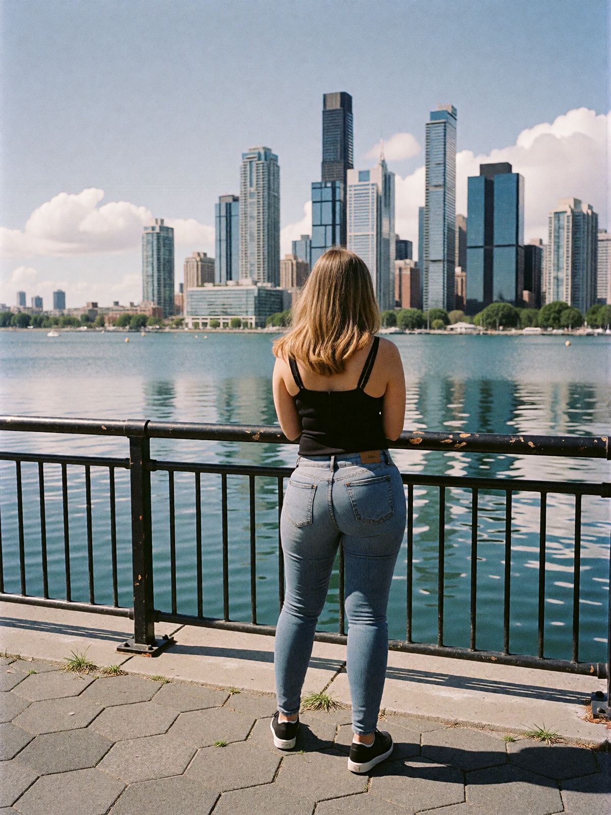 A person with light-brown hair stands facing away from the camera,  looking out over a body of water toward a distant city...