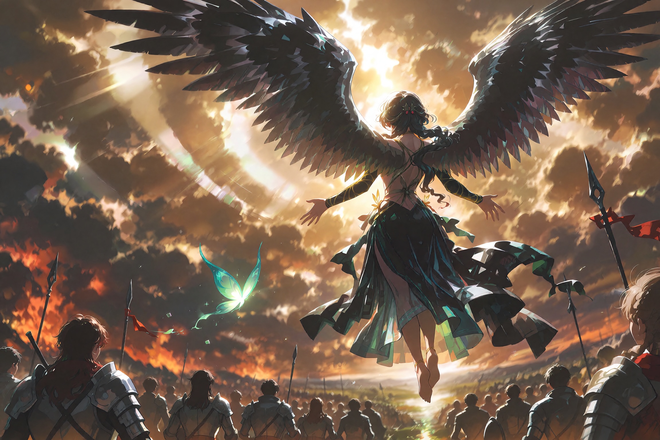 Epic fantasy painting of a colossal winged figure descending from a blazing golden sky,  vast dark feathered wings spread...