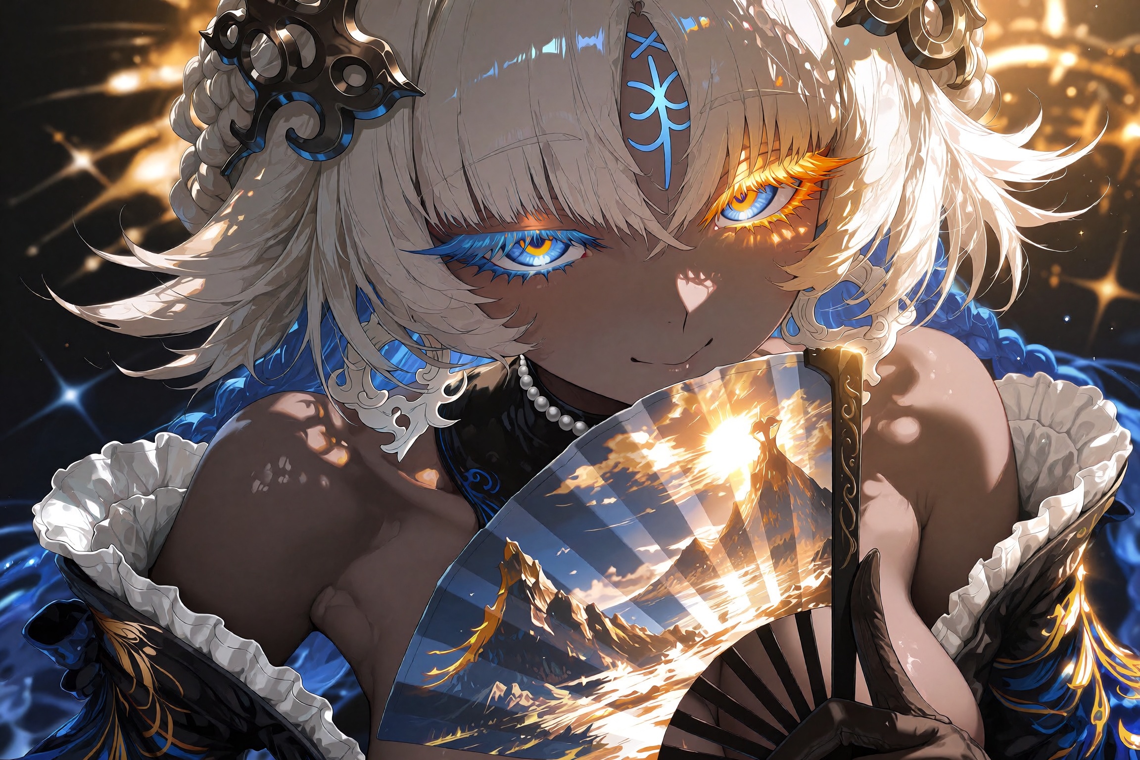 Close-up anime portrait of an elegant fantasy character with long flowing platinum-blonde hair adorned with ornate golden...