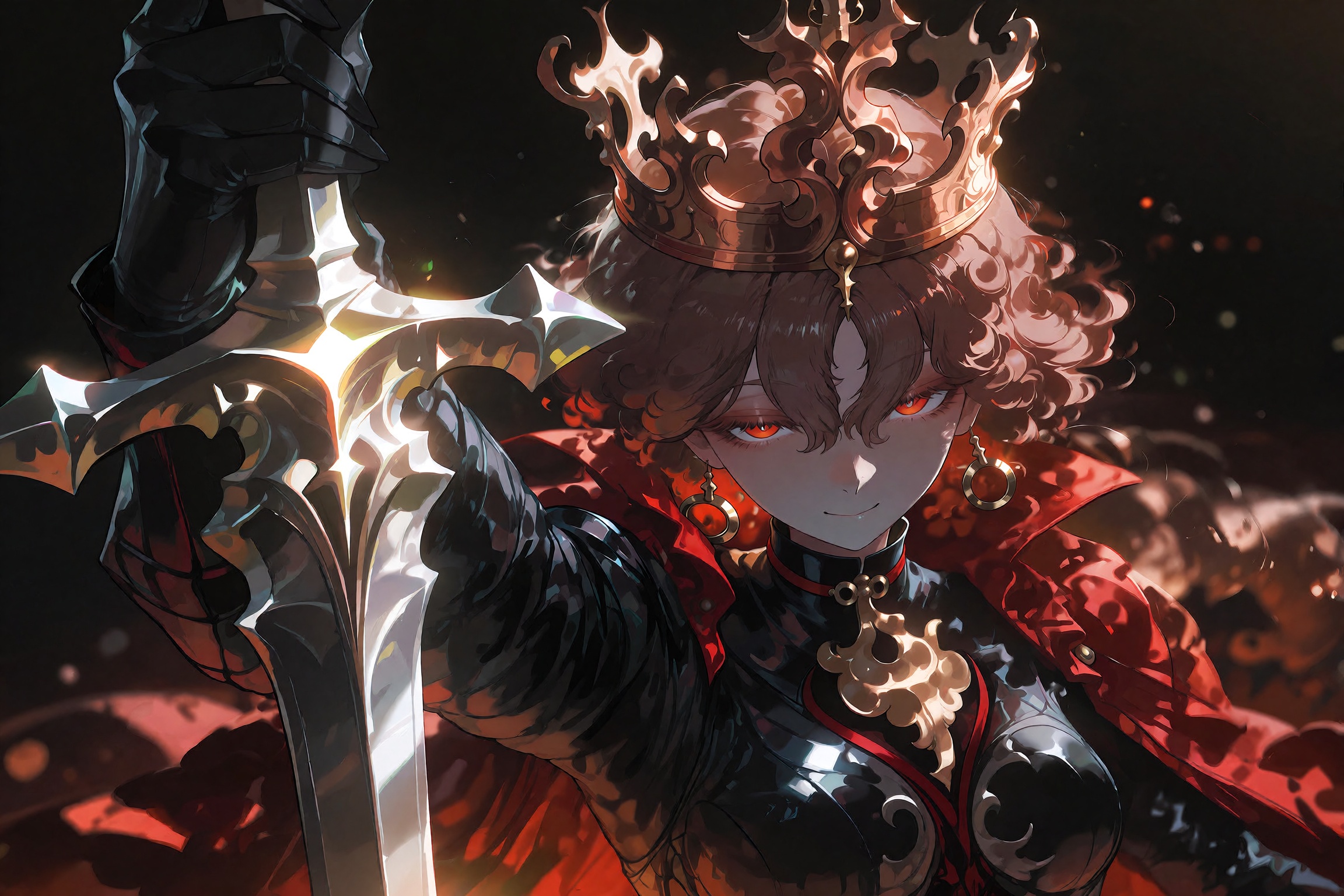 Dark fantasy oil painting of an ominous demonic sovereign wearing an impossibly ornate baroque crown of molten gold and co...