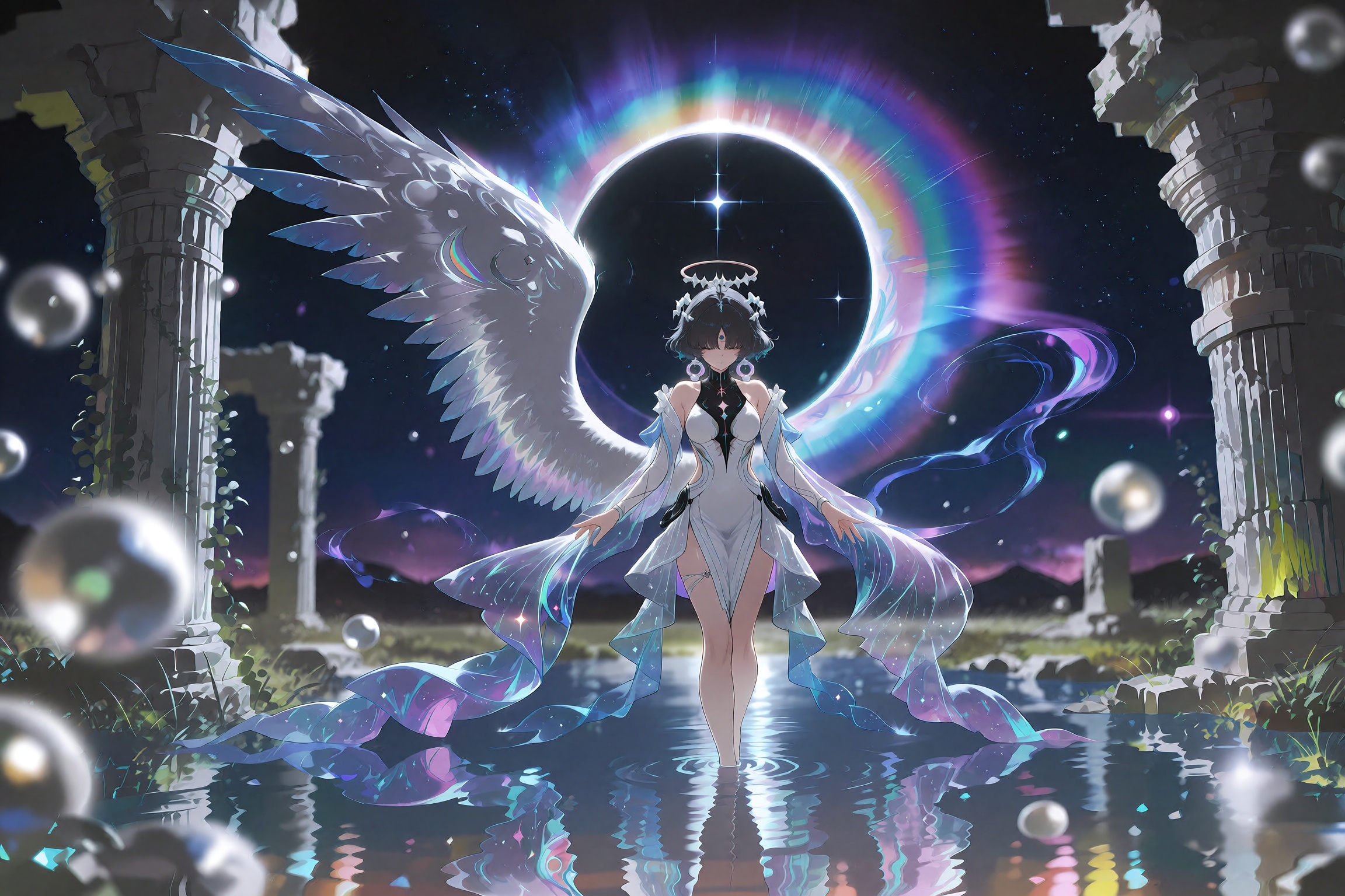 Cinematic wide shot of a luminous celestial goddess standing in a shallow reflective pool inside ancient overgrown ruins,...