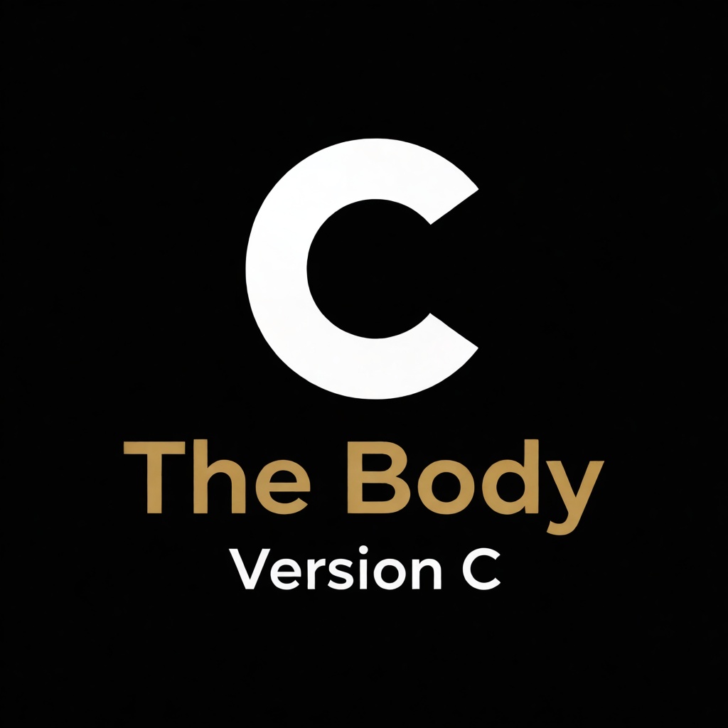 a white logo of the letter "C",  above the golden text "The Body" underneath white text "Version C",  black background on...