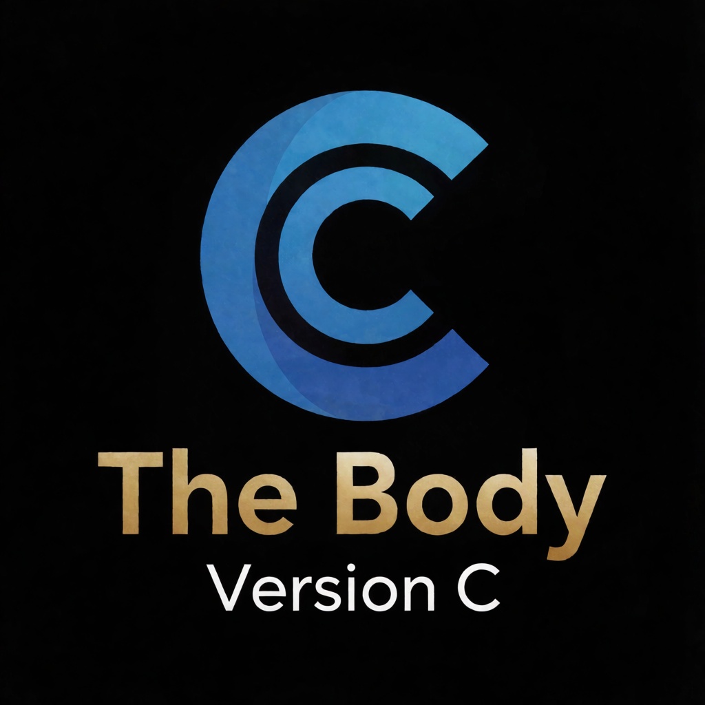 a blue logo of the letter "C",  above the golden text "The Body" underneath white text "Version C",  black background on T...