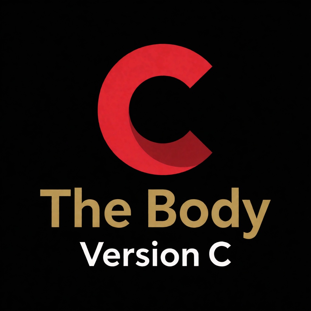 a red logo of the letter "C",  above the golden text "The Body" underneath white text "Version C",  black background on Te...