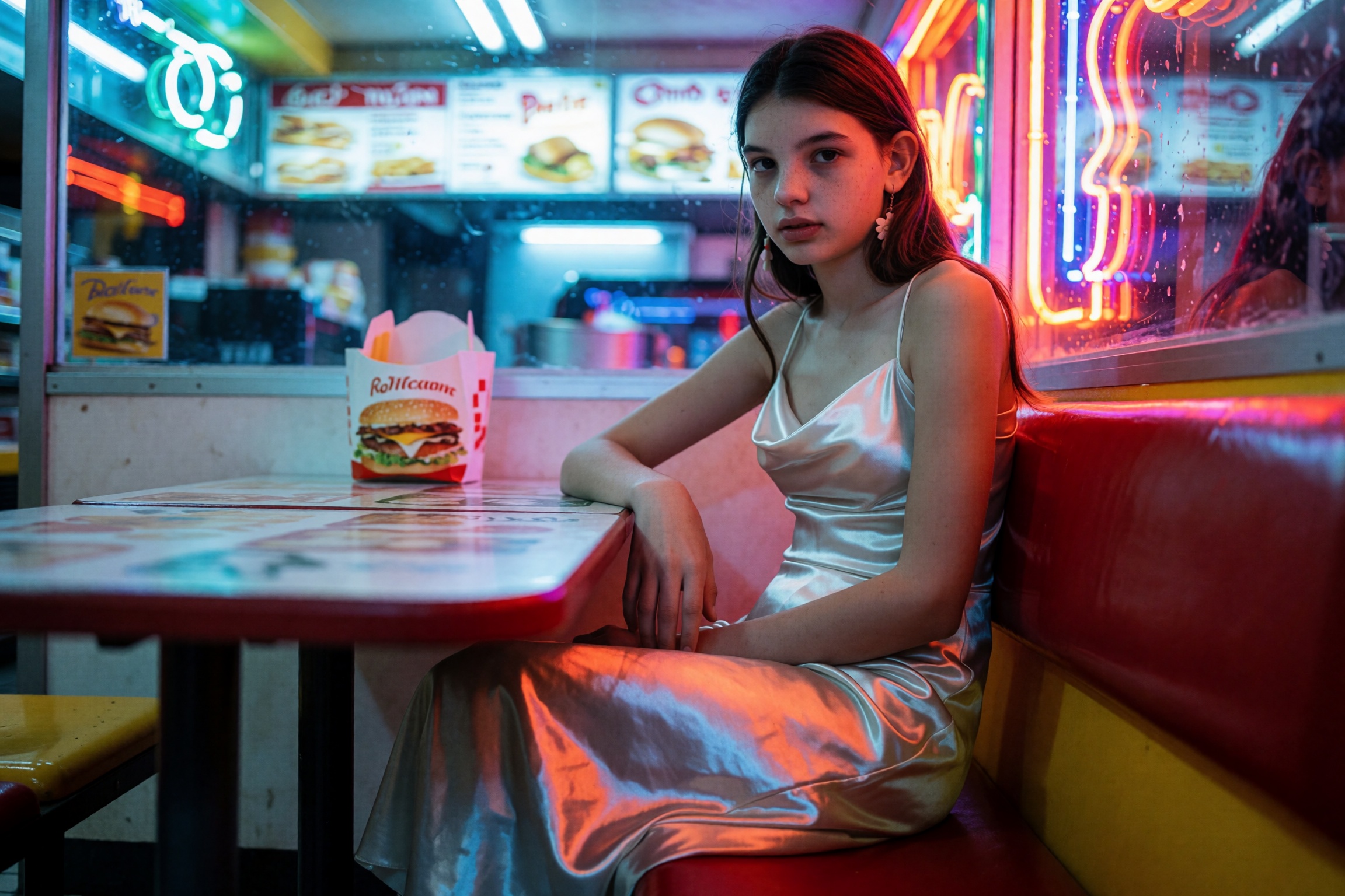 A full-body shot of a young woman seated at a table within a vibrant fast-food interior. She is draped in a shimmering sat...