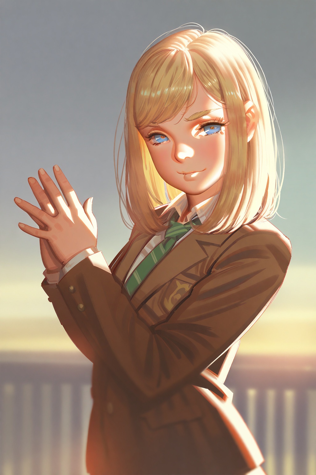 (llart),  1girl with blonde hair and blue eyes in a cute solo pose,  looking directly at the viewer. She is wearing a scho...