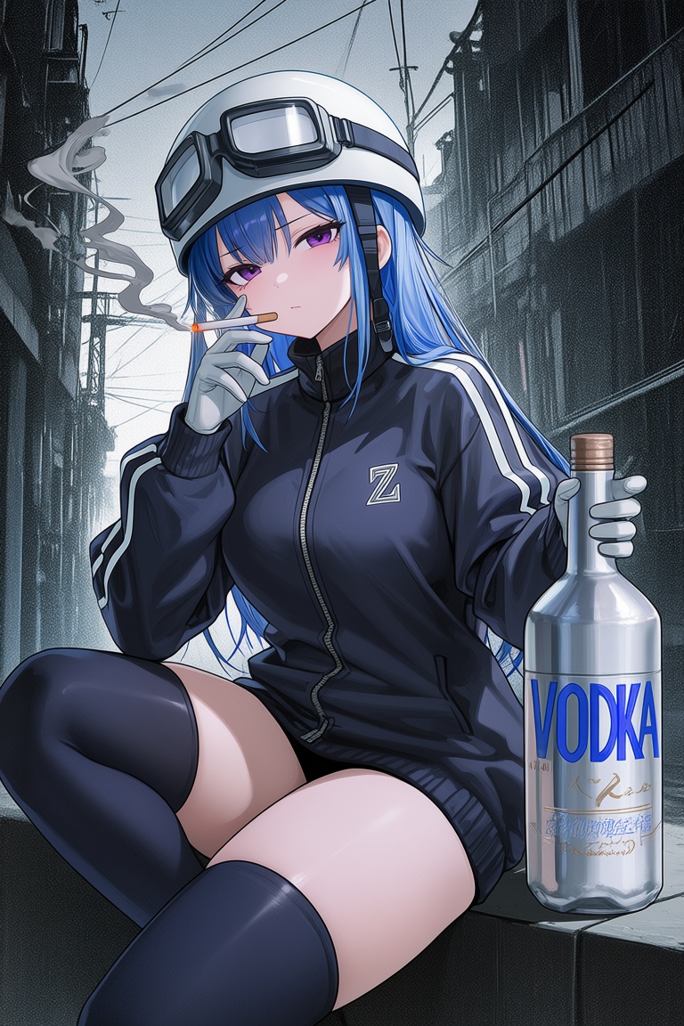 A gritty,  low-sat anime illustration of girl with a depressing doomer aesthetic. She is wearing a helmet,  and a dark bla...