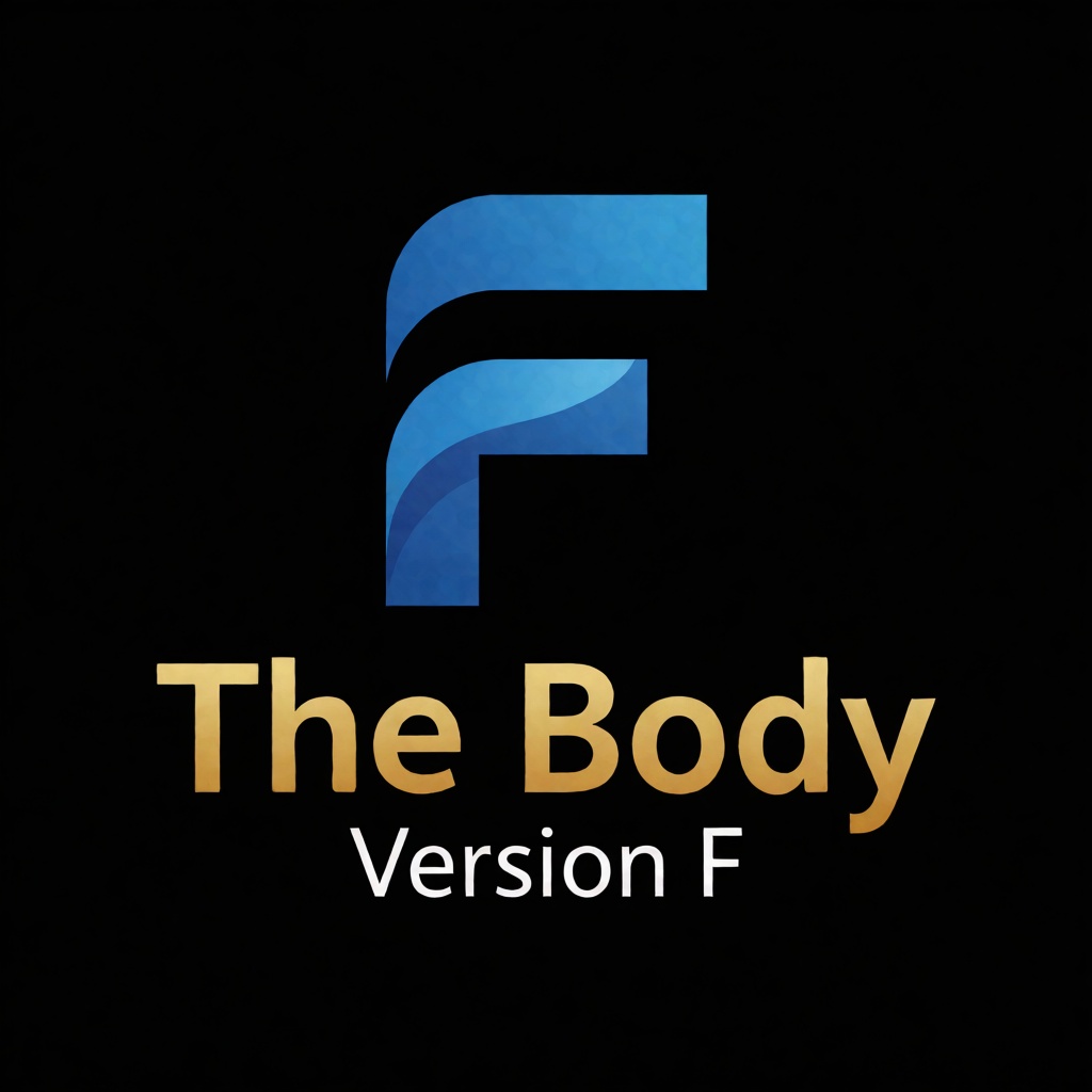 a blue logo of the letter "F",  above the golden text "The Body" underneath white text "Version F",  black background on T...