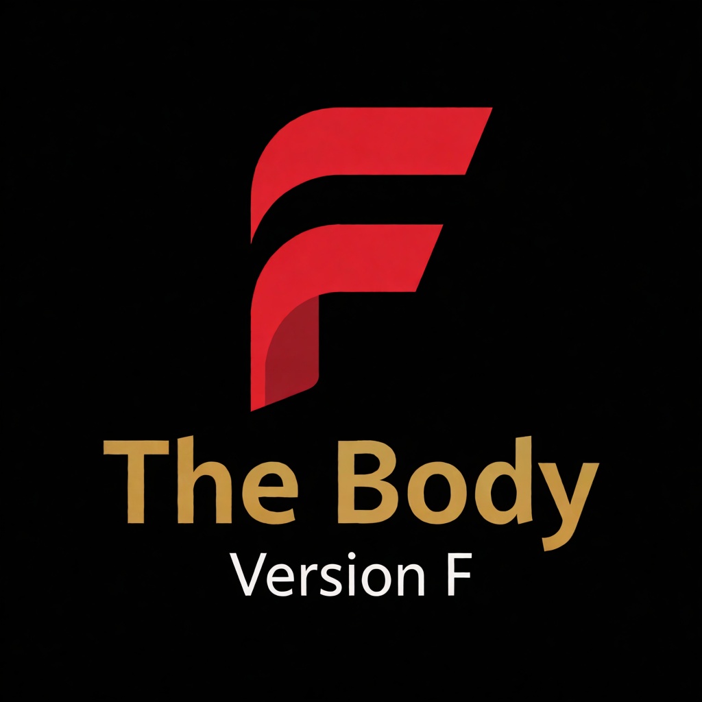 a red logo of the letter "F",  above the golden text "The Body" underneath white text "Version F",  black background on Te...
