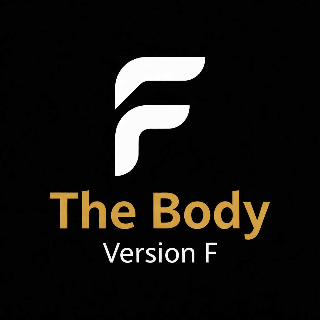 a white logo of the letter "F",  above the golden text "The Body" underneath white text "Version F",  black background on...