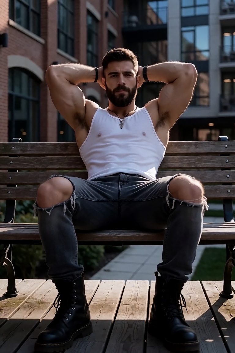 A striking young man in his early twenties,  with a chiseled jawline,  thick dark beard neatly trimmed on Tensor.Art