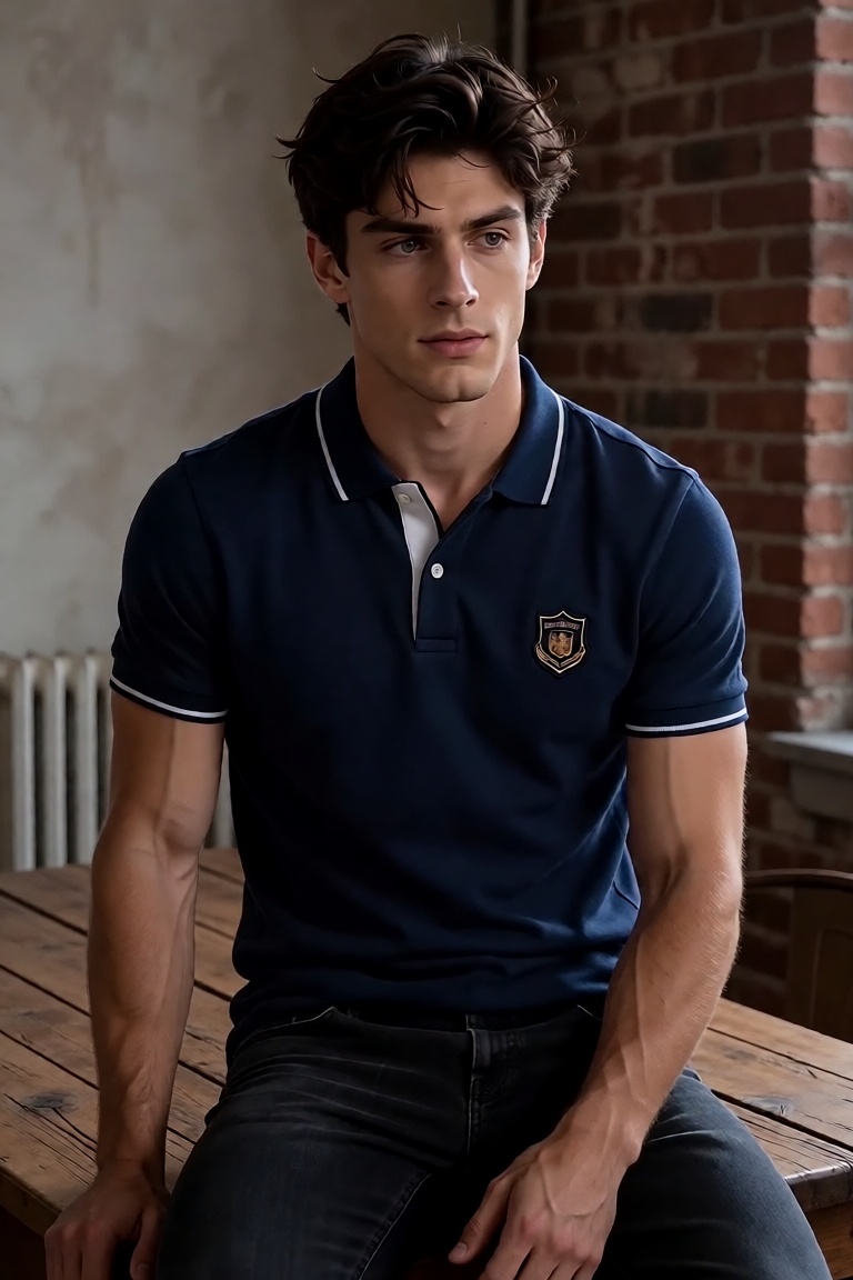 A striking young man in his early twenties with tousled,  dark wavy hair that falls naturally across his forehead and fram...