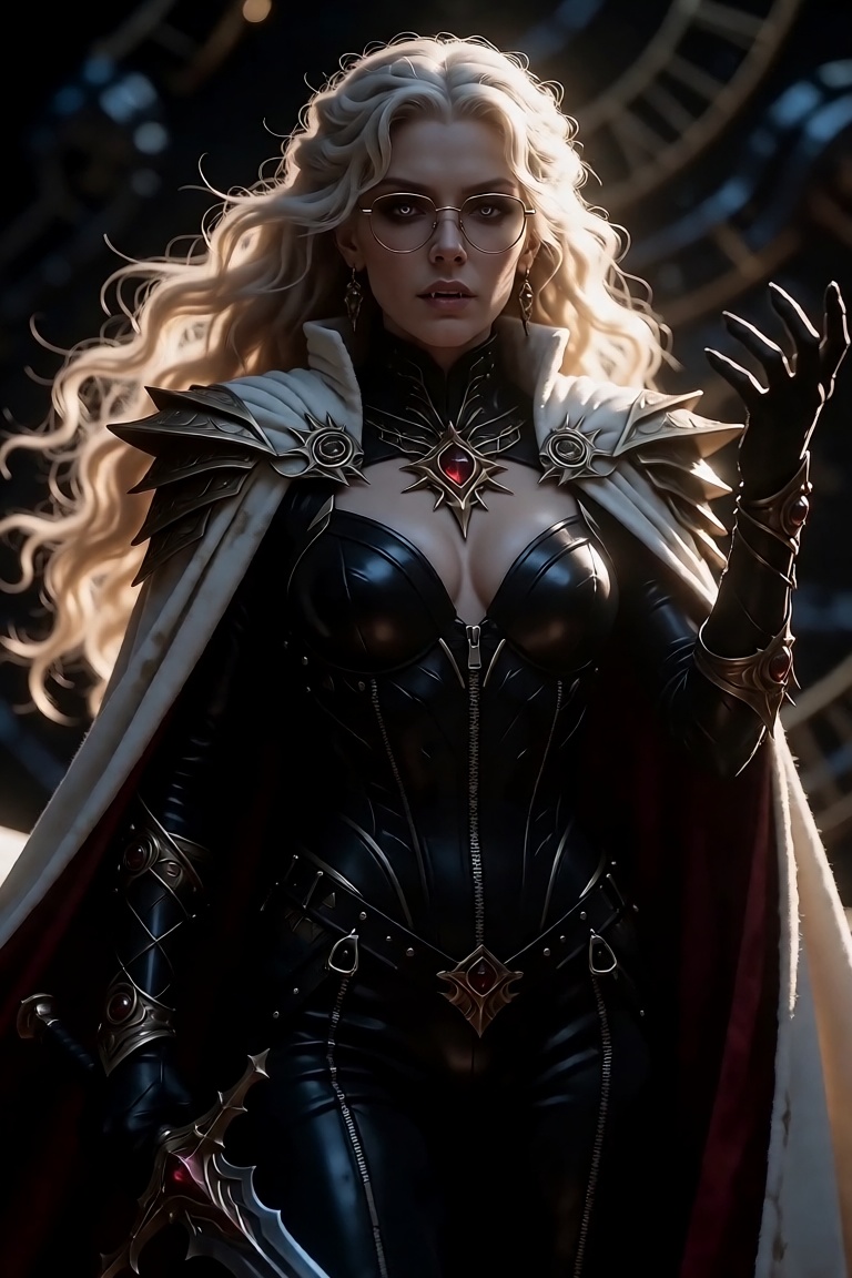 A supremely dominant and ethereal arcane sovereign with voluminous,  wind-swept platinum-blonde hair cascading in luminous...