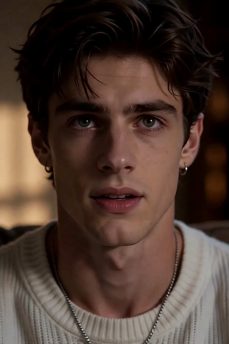 A strikingly handsome young man in his early twenties with soft,  youthful features and flawless,  luminous skin gazes upw...