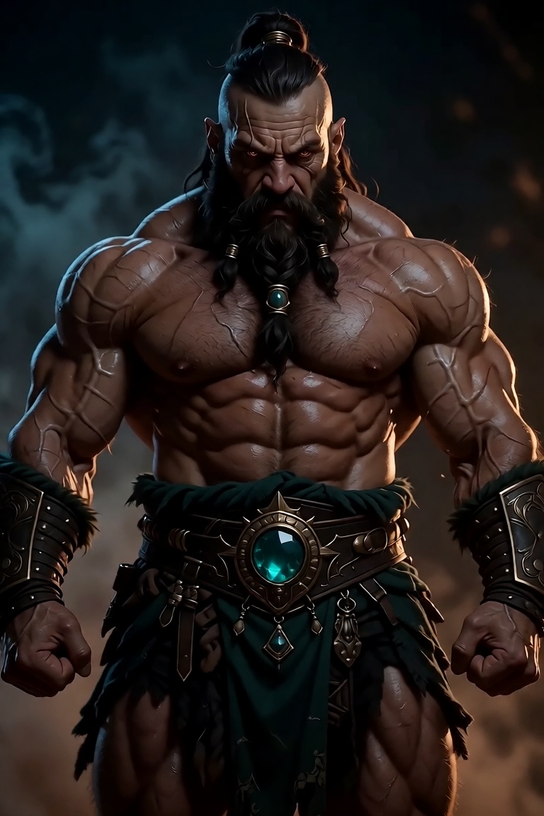 A hyper-muscular,  godlike barbarian warlord with a shaved-sides warrior’s topknot bound in gleaming gold rings,  thick bl...