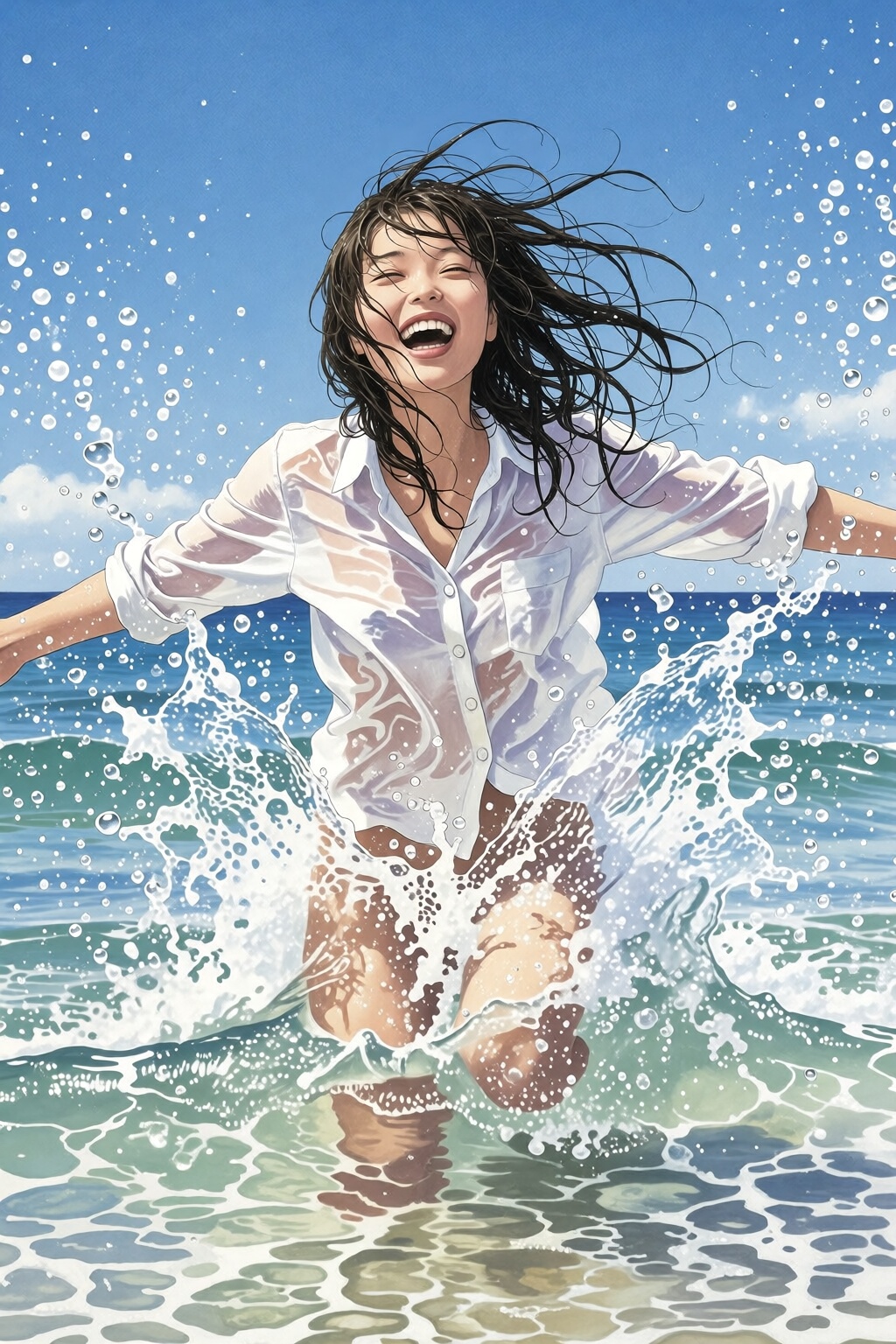 {"high_level_description":"milomanara19k2e20 Illustration by Milo Manara. Joyful young East Asian woman splashing through...
