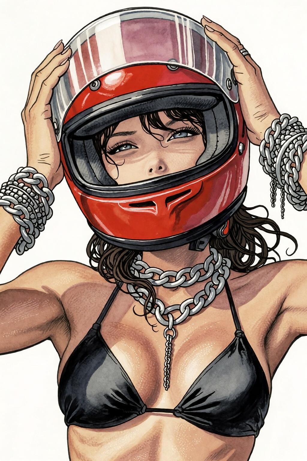 milomanara19k2e20 Illustration by Milo Manara. Low-angle,  close-up of a young woman with tanned skin and dark hair taking...