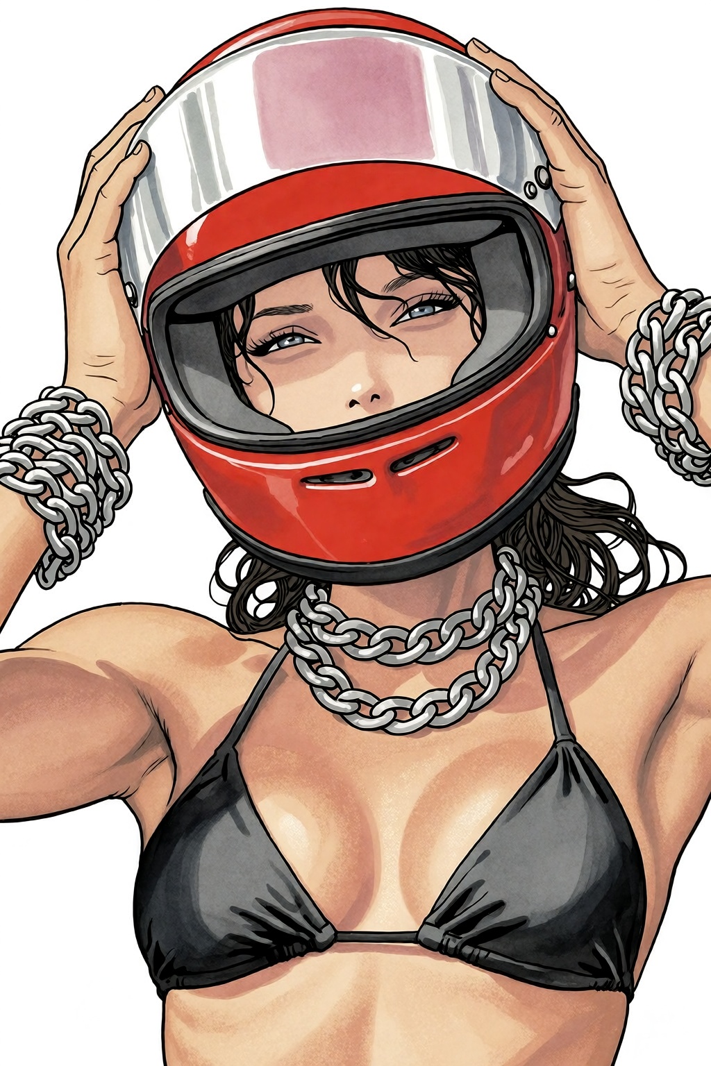 milomanara19k2e20 Illustration by Milo Manara. Low-angle,  close-up of a young woman with tanned skin and dark hair taking...