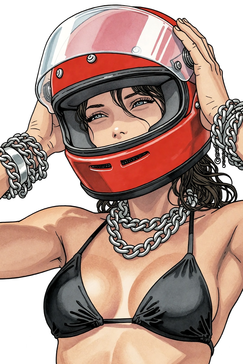 milomanara19k2e20 Illustration by Milo Manara. Low-angle,  close-up of a young woman with tanned skin and dark hair taking...