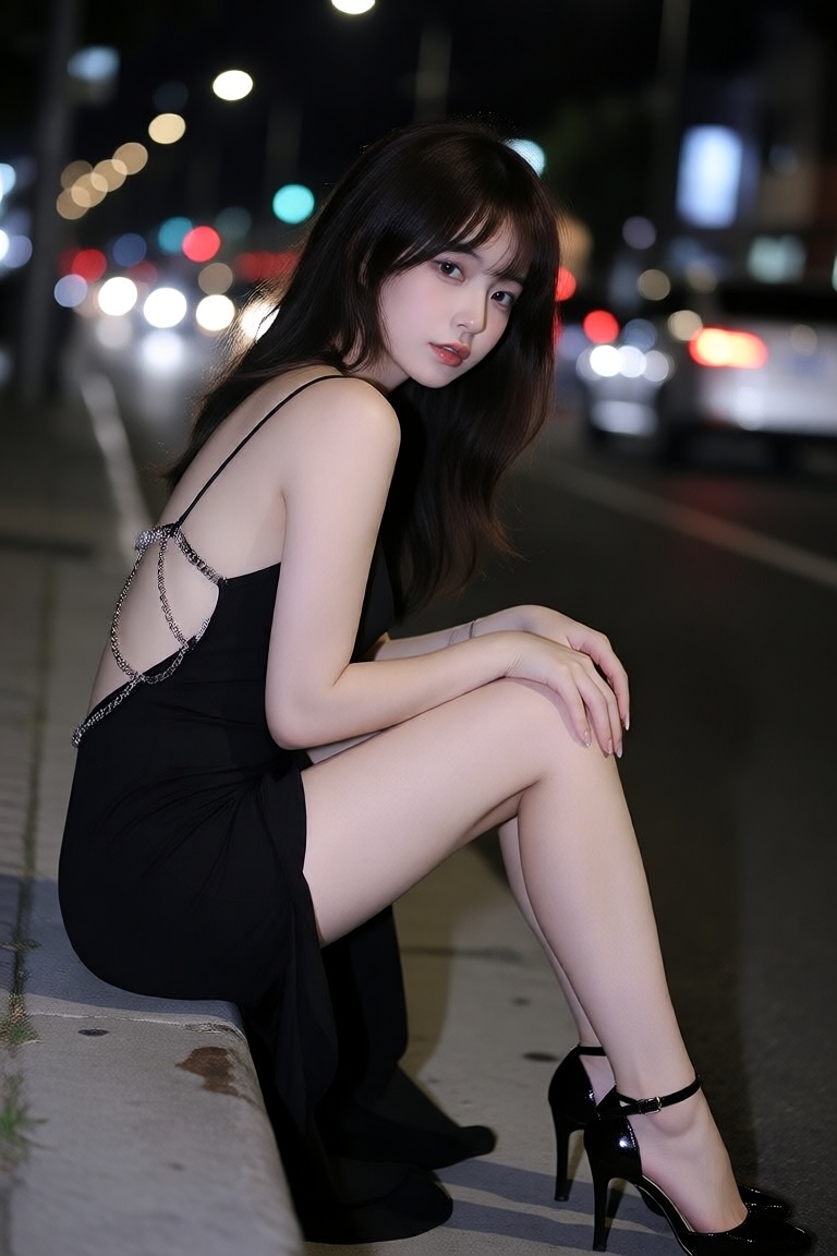 the photograph features a young woman with long,  straight,  dark brown hair and fair skin on Tensor.Art