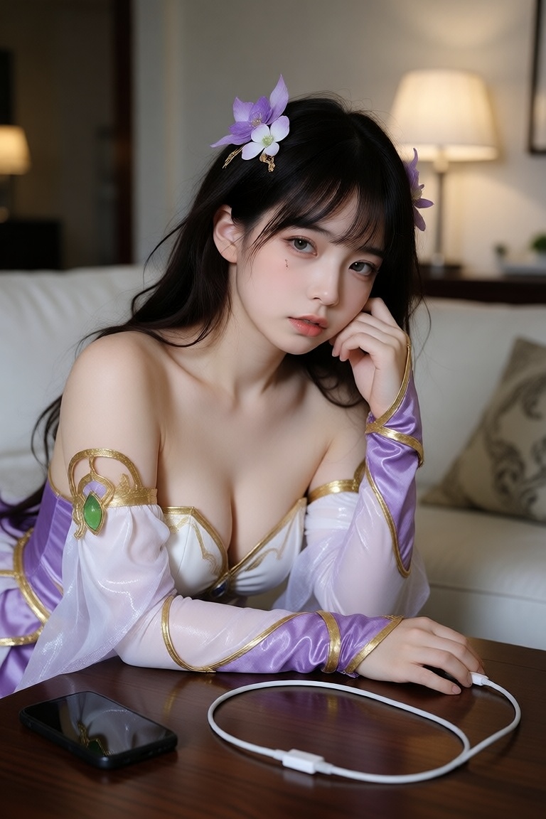 "Hyper-realistic RAW photograph,  beautiful woman in an elegant fantasy cosplay costume leaning against a sofa while her p...