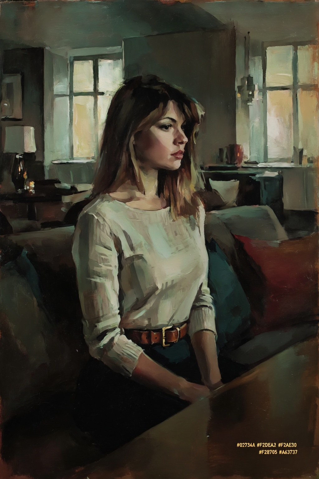 detailed gouache painting featuring a young woman in her comfy living room,  sitting on the couch,  wearing a cleanly-pres...