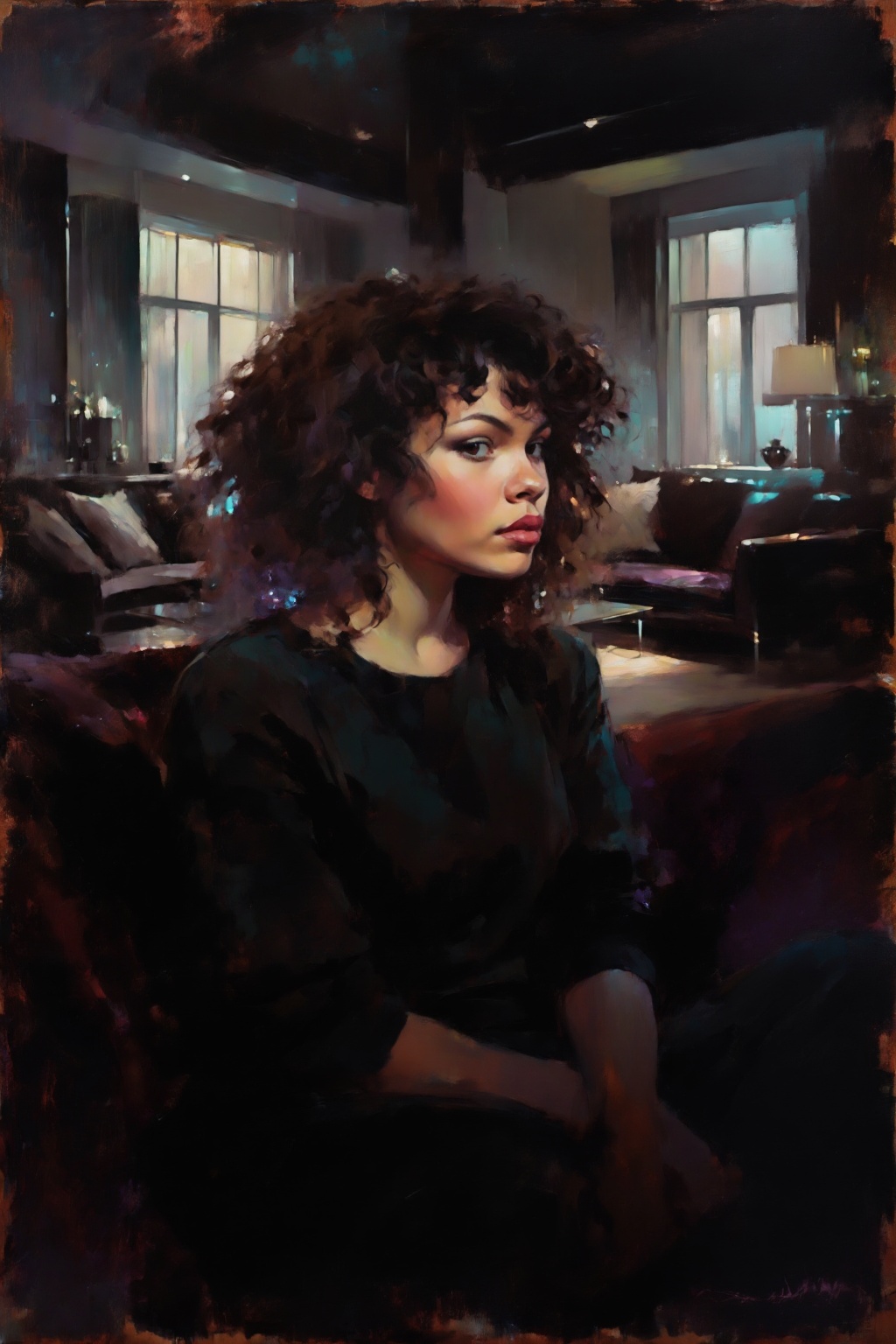 detailed gouache painting featuring a young woman with full,  curly hair,  sitting in her comfy living room on Tensor.Art