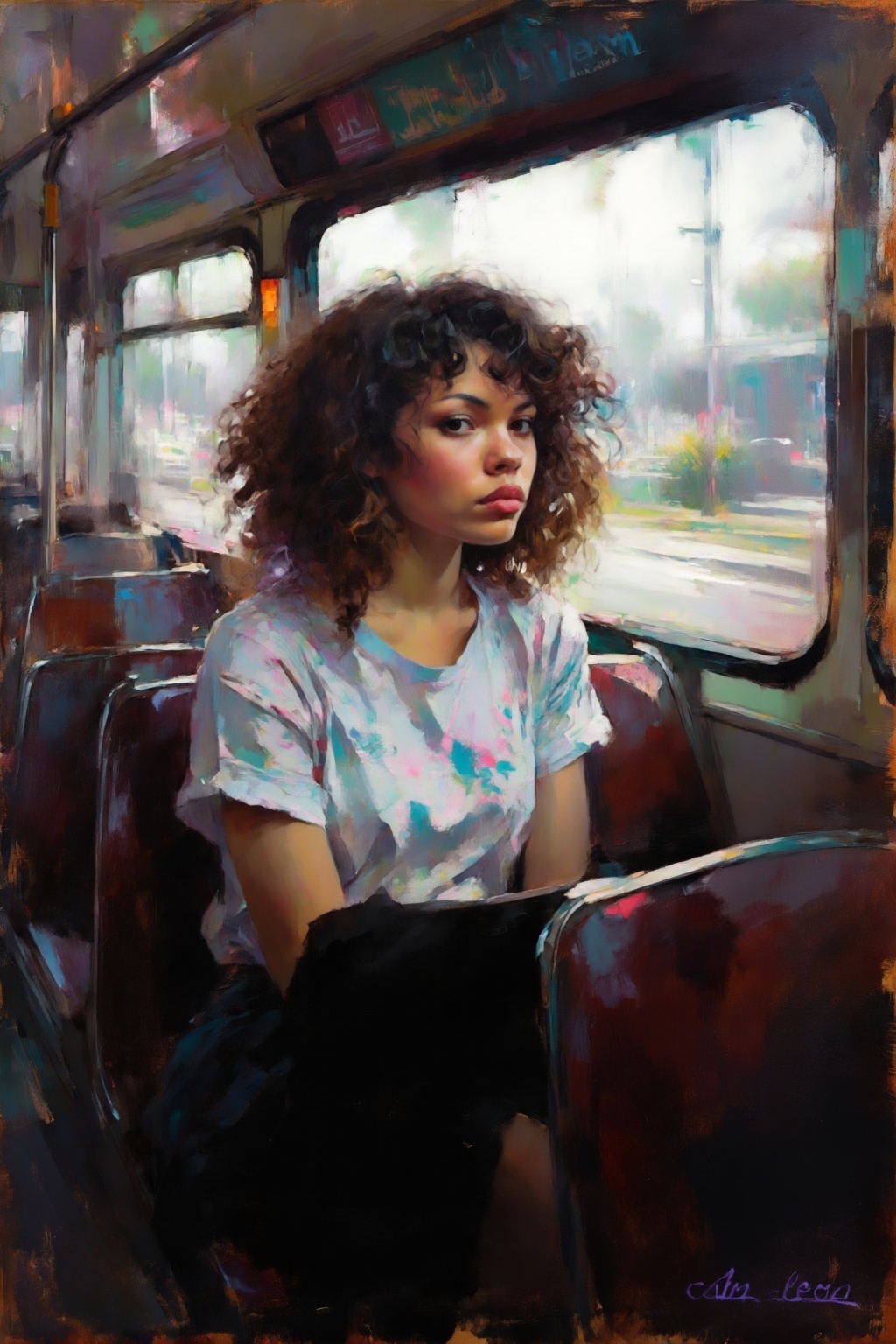 detailed gouache painting featuring a young woman with full,  curly hair sitting on a bus,  synthwave image on Tensor.Art