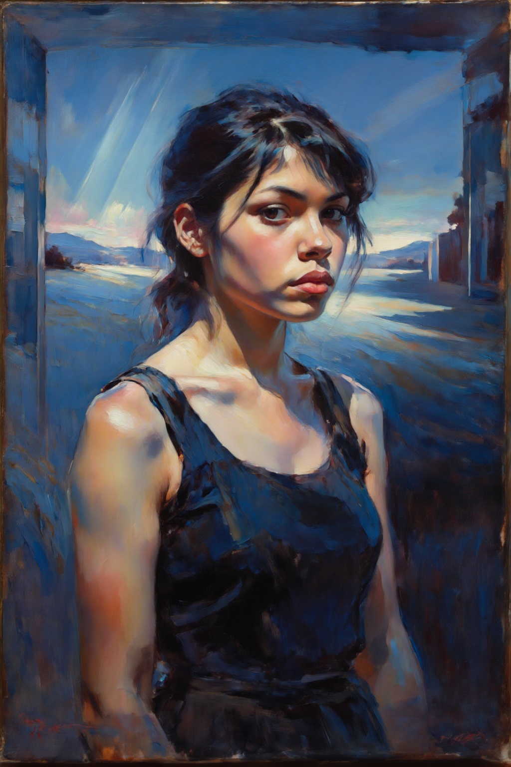 detailed gouache painting featuring a young woman,  focus on the face,  calm gaze forward and to the side on Tensor.Art