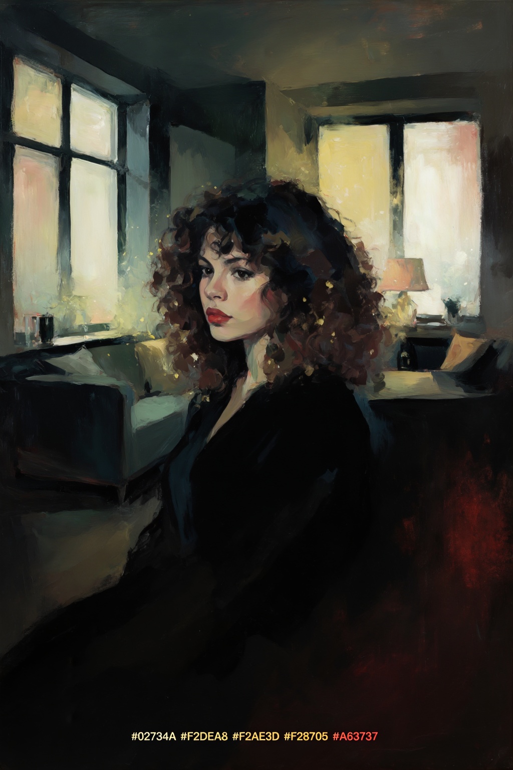 detailed gouache painting featuring a young woman with full,  curly hair,  sitting in her comfy living room on Tensor.Art
