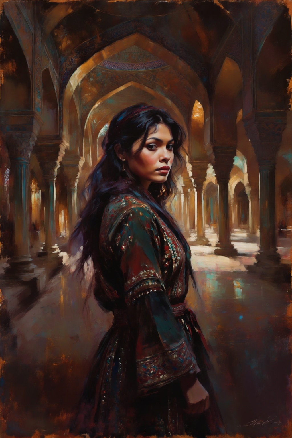 detailed gouache painting featuring a young woman in traditional attire,  waist up,  looking back over shoulder on Tensor.Art