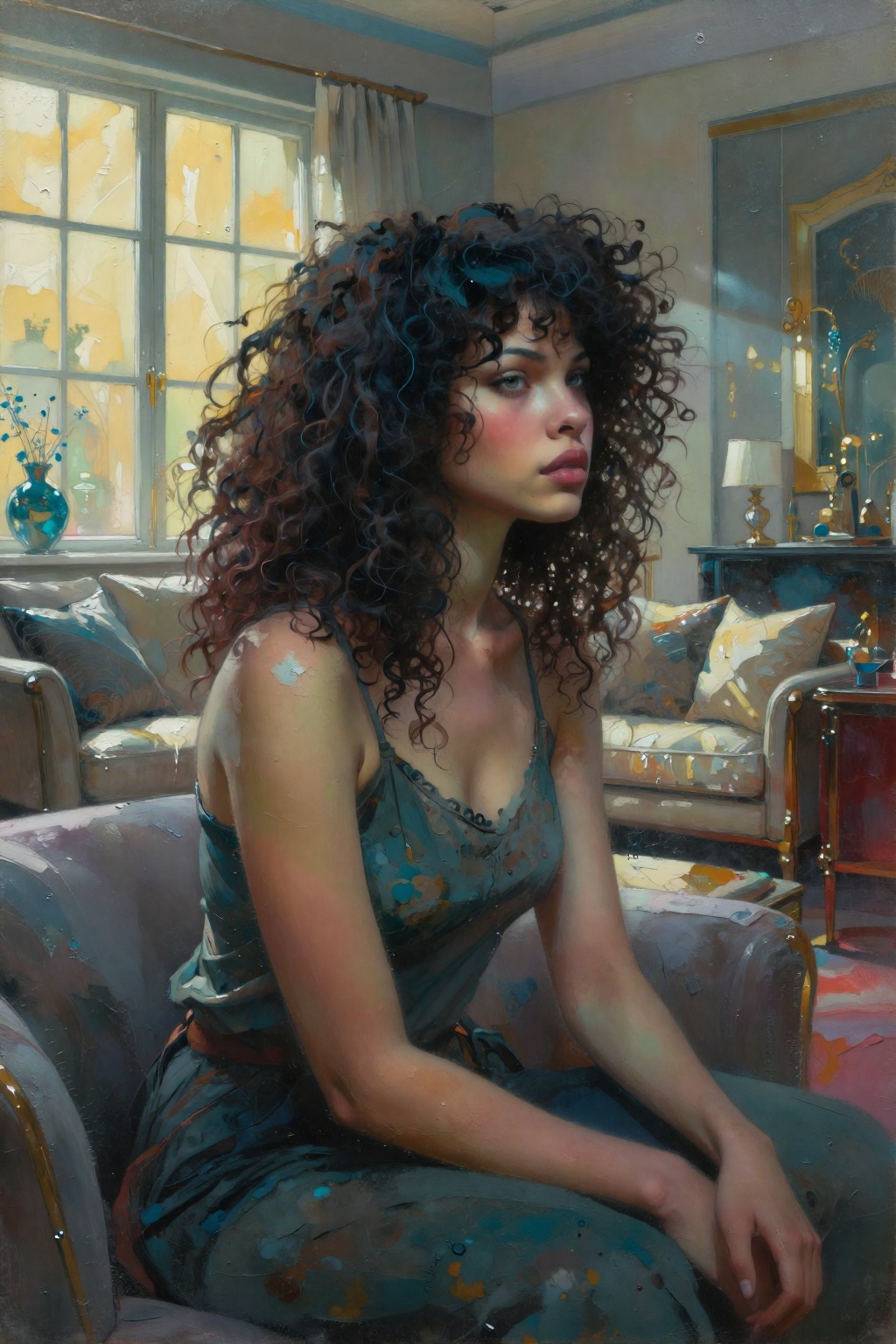 detailed gouache painting featuring a young woman with full,  curly hair,  sitting in her comfy living room on Tensor.Art