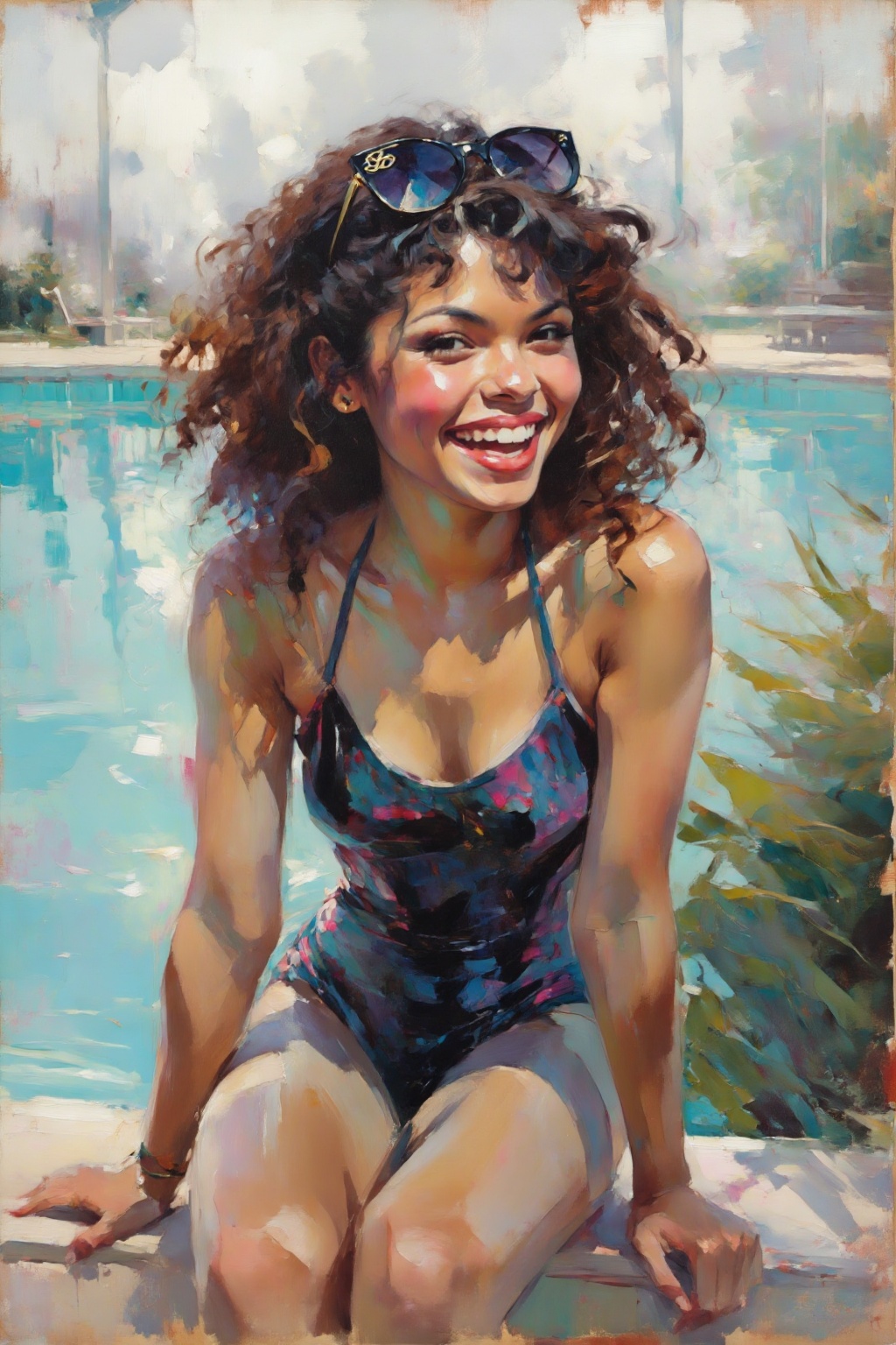 detailed gouache painting featuring a young woman with full,  curly hair sitting beside a pool,  swim attire on Tensor.Art