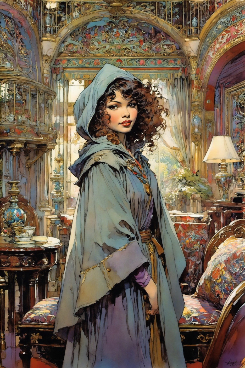 detailed gouache painting featuring a young woman with full,  curly hair,  wearing a rogue's hooded cloak on Tensor.Art