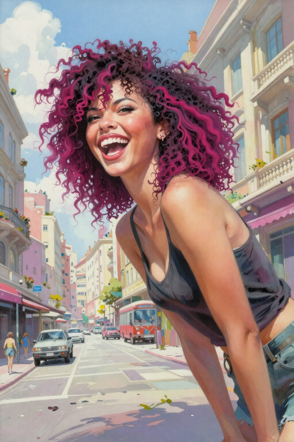 detailed gouache painting featuring a young woman with full,  curly hair,  punk magenta stripes on Tensor.Art