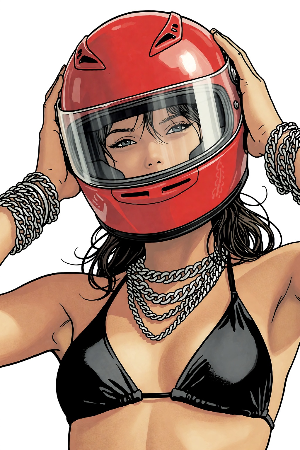 milomanara19k2e14 Illustration by Milo Manara. Low-angle,  close-up of a young woman with tanned skin and dark hair taking...