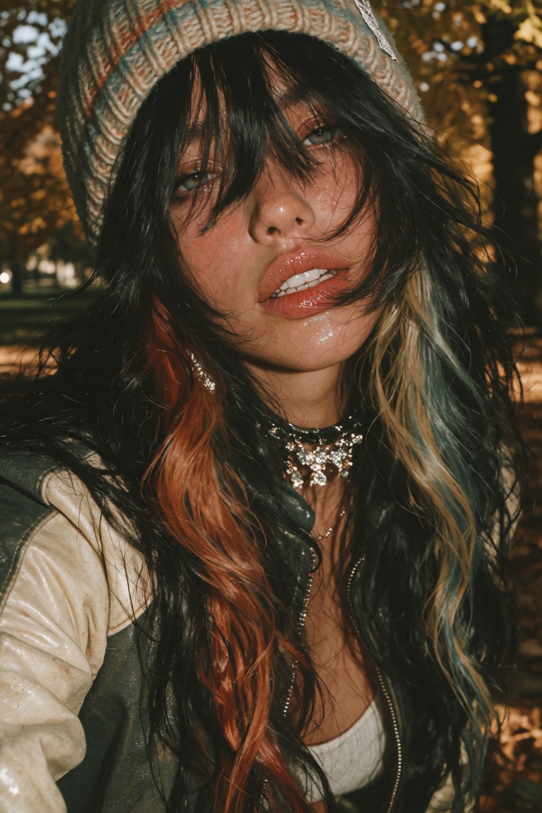 Create a portrait of a tanned woman with long,  flowing black hair,  featuring multicolored highlights and auburn strands...