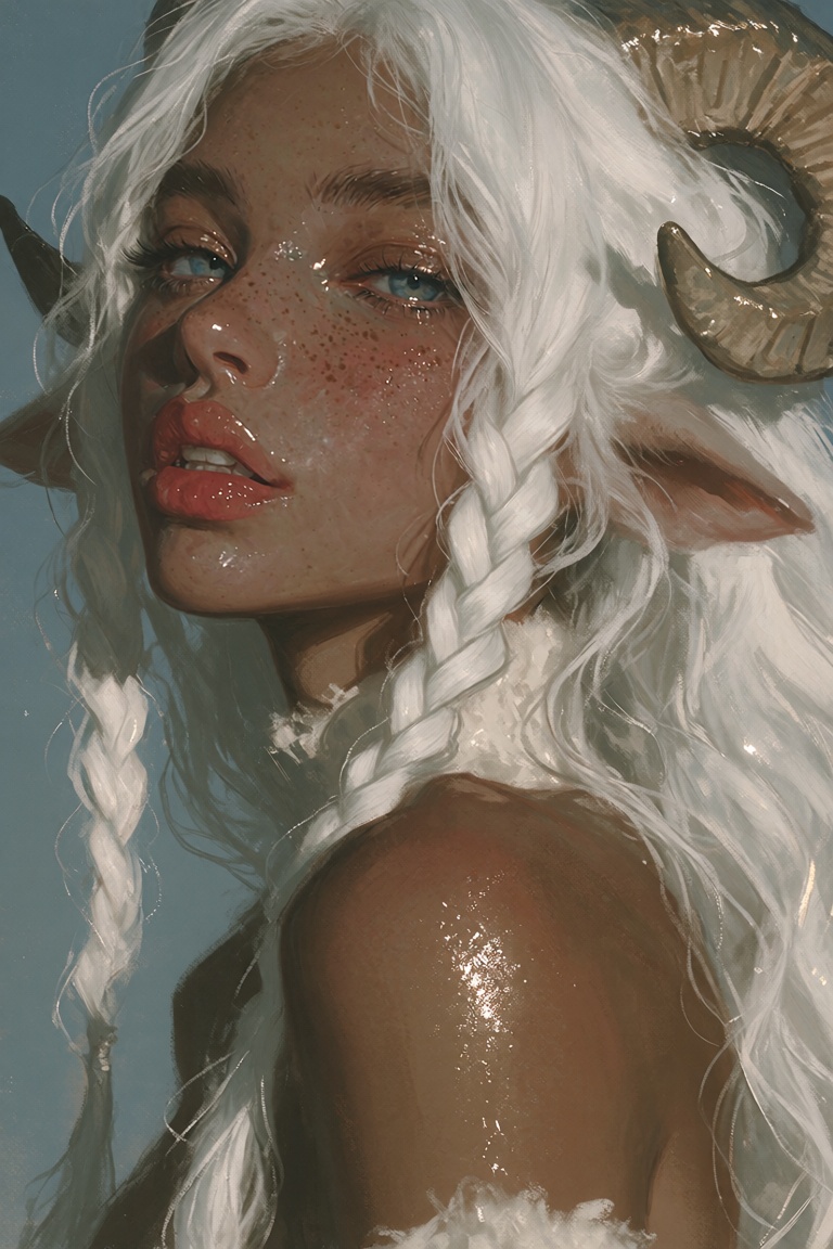 Create a captivating portrait of a dark-skinned woman with long,  flowing white hair cascading down her back. She has twin...