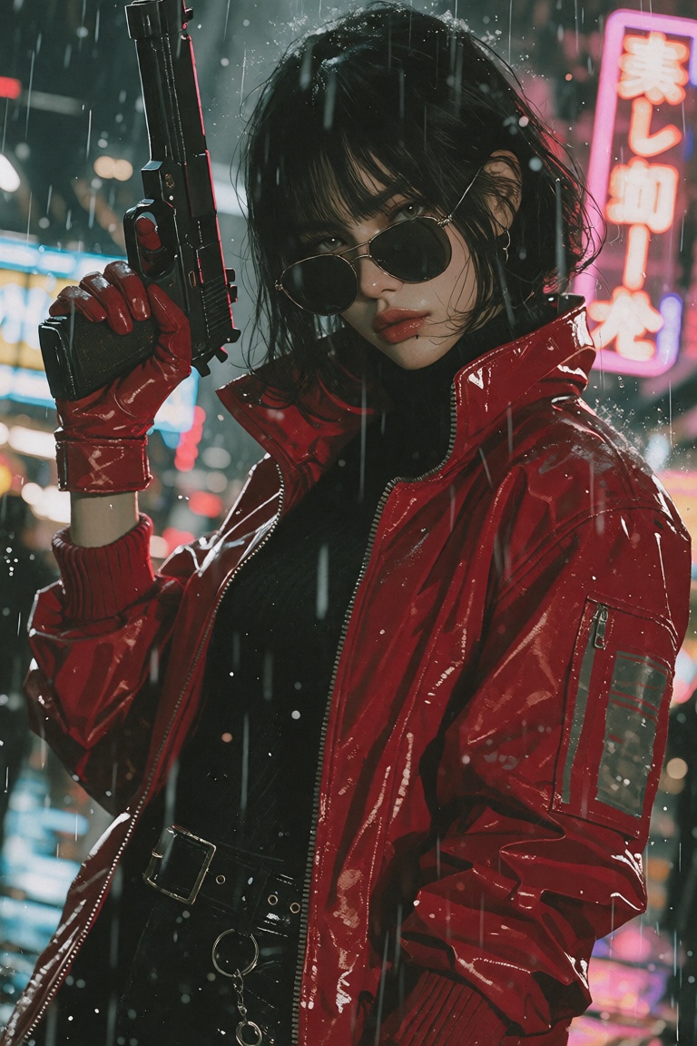 Create a cyberpunk scene featuring an ***** woman with black hair styled in a bob cut. She wears a long red jacket,  glove...