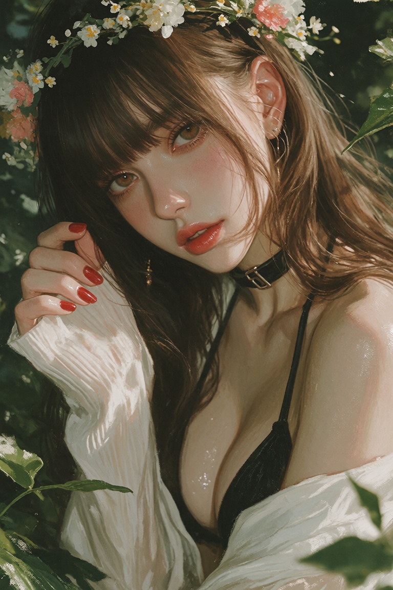 Create a captivating scene featuring a lone 1girl with long,  brown hair,  looking directly at the viewer with expressive...