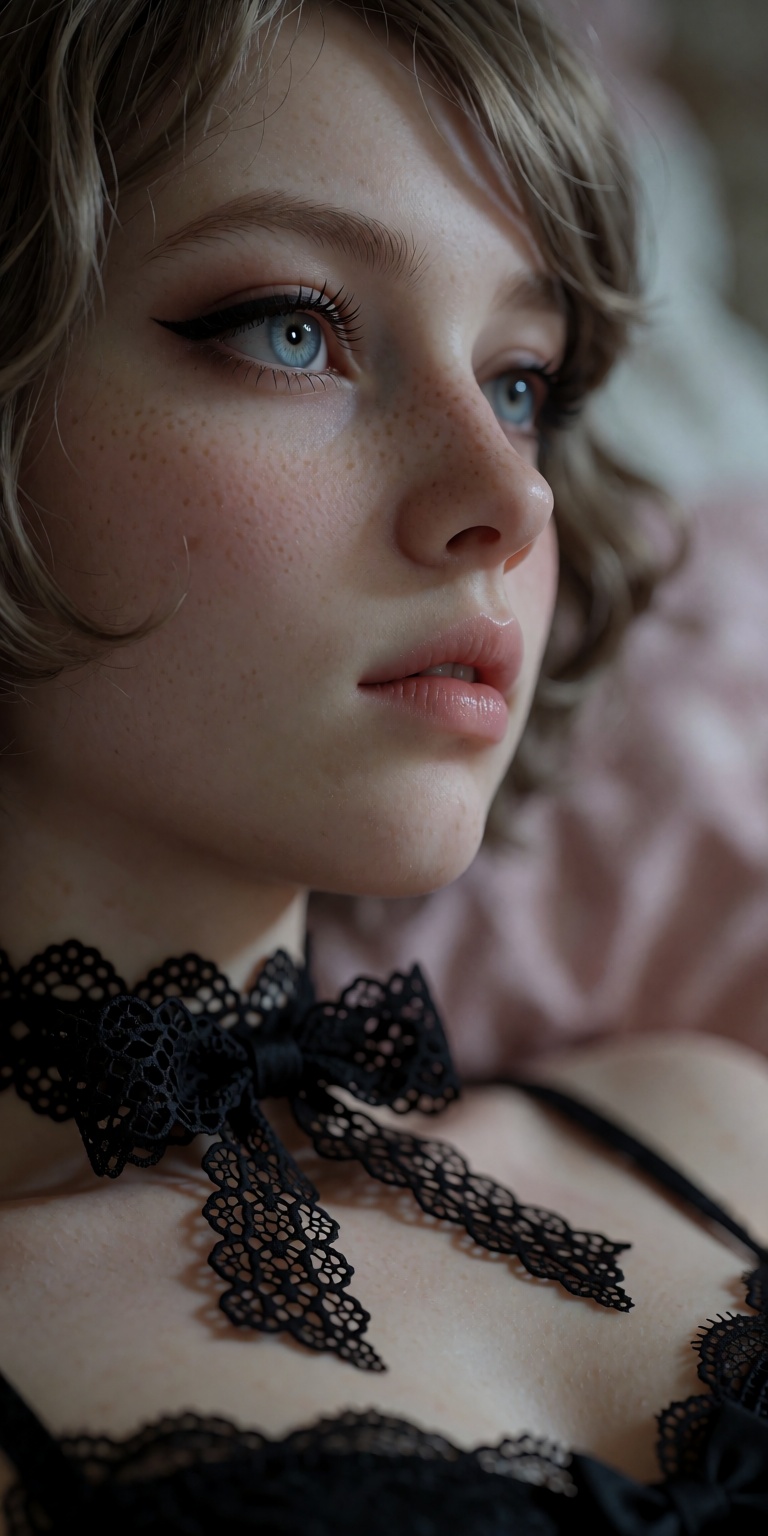 softly blurred muted pink and pale neutral bedding background,  soft indoor lighting,  85mm f/1.2 DSLR portrait lens on Te...