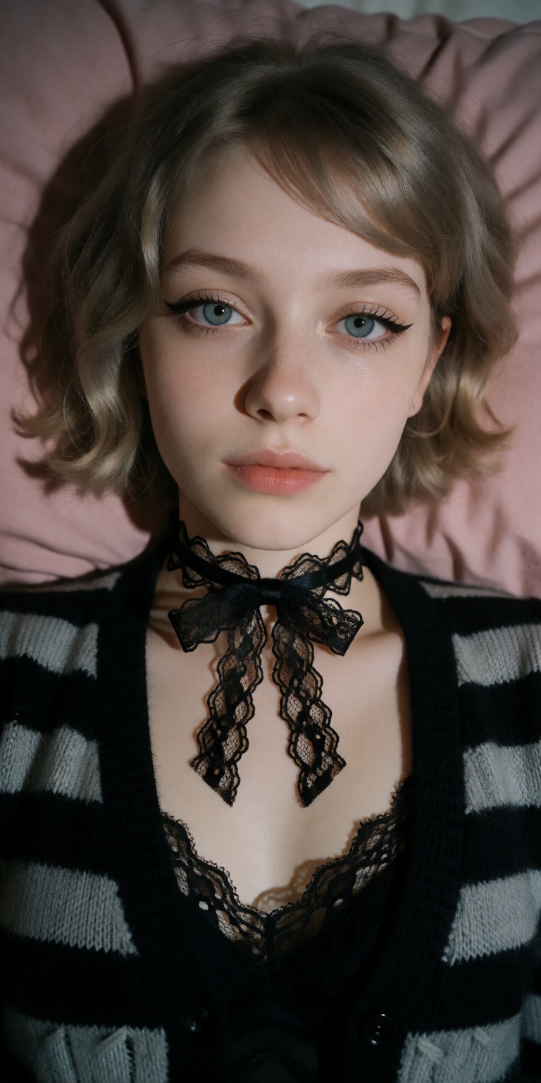 lying back on neutral bed sheets,  head tilted forward towards lens,  pouting mouth slightly open on Tensor.Art
