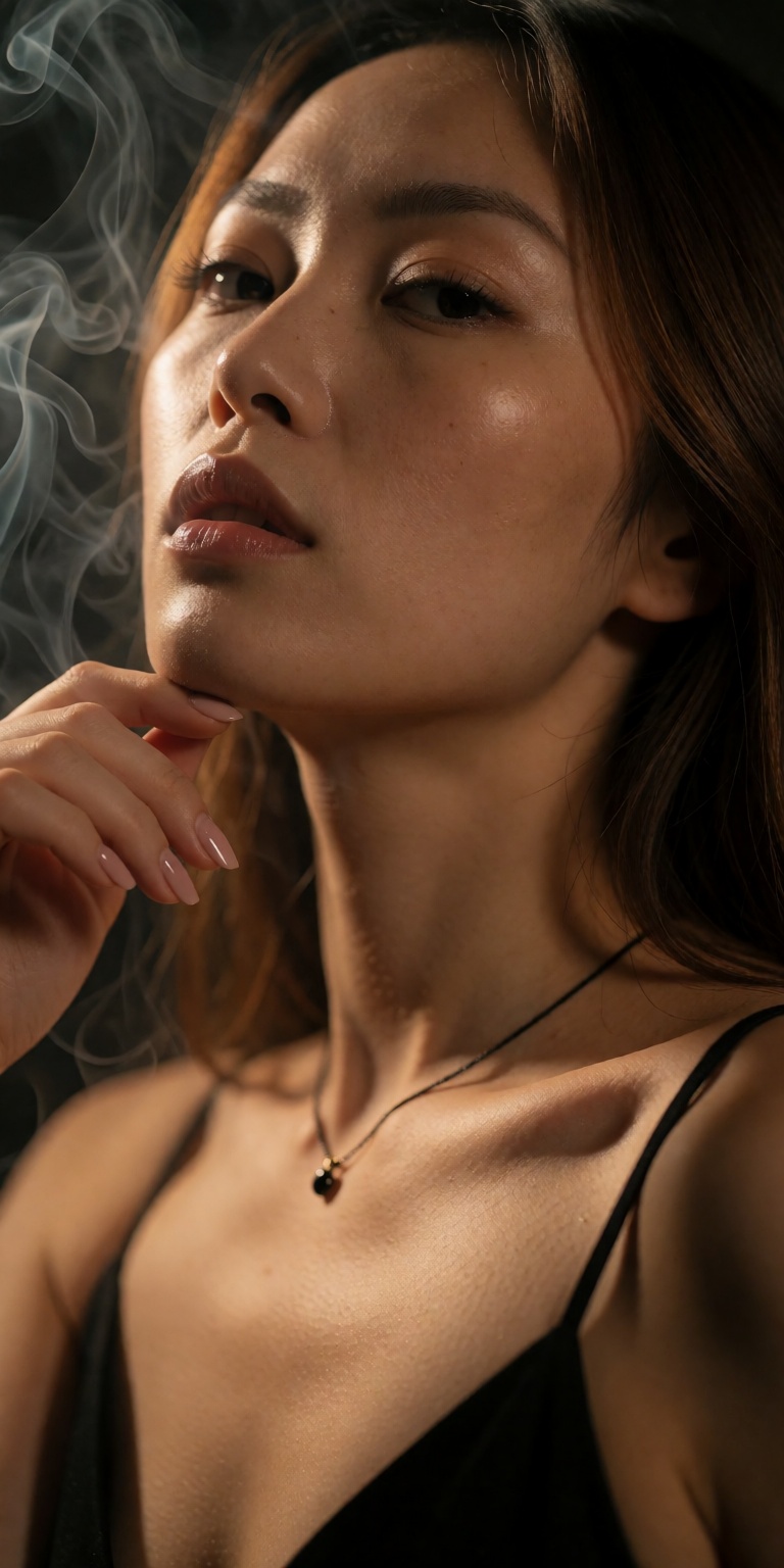 An intimate macro fashion portrait shot on an 85mm f/1.4 DSLR lens. Extreme close-up focused on a striking Asian woman’s f...