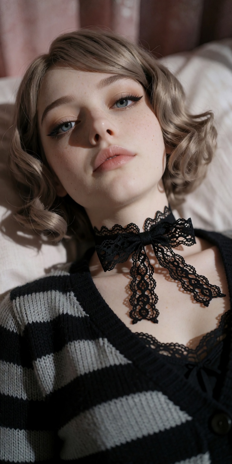 lying back on pale neutral bedding with head tilted towards camera,  pouting expression with full plush slightly parted li...