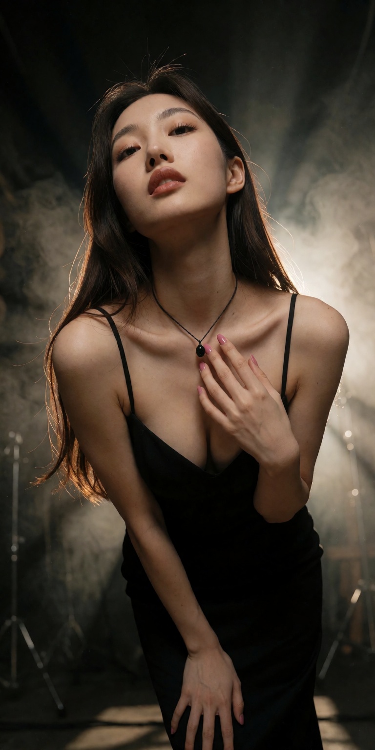 A dramatic worm's-eye view fashion shot,  crisp DSLR quality. Alluring Asian model standing gracefully,  leaning forward s...