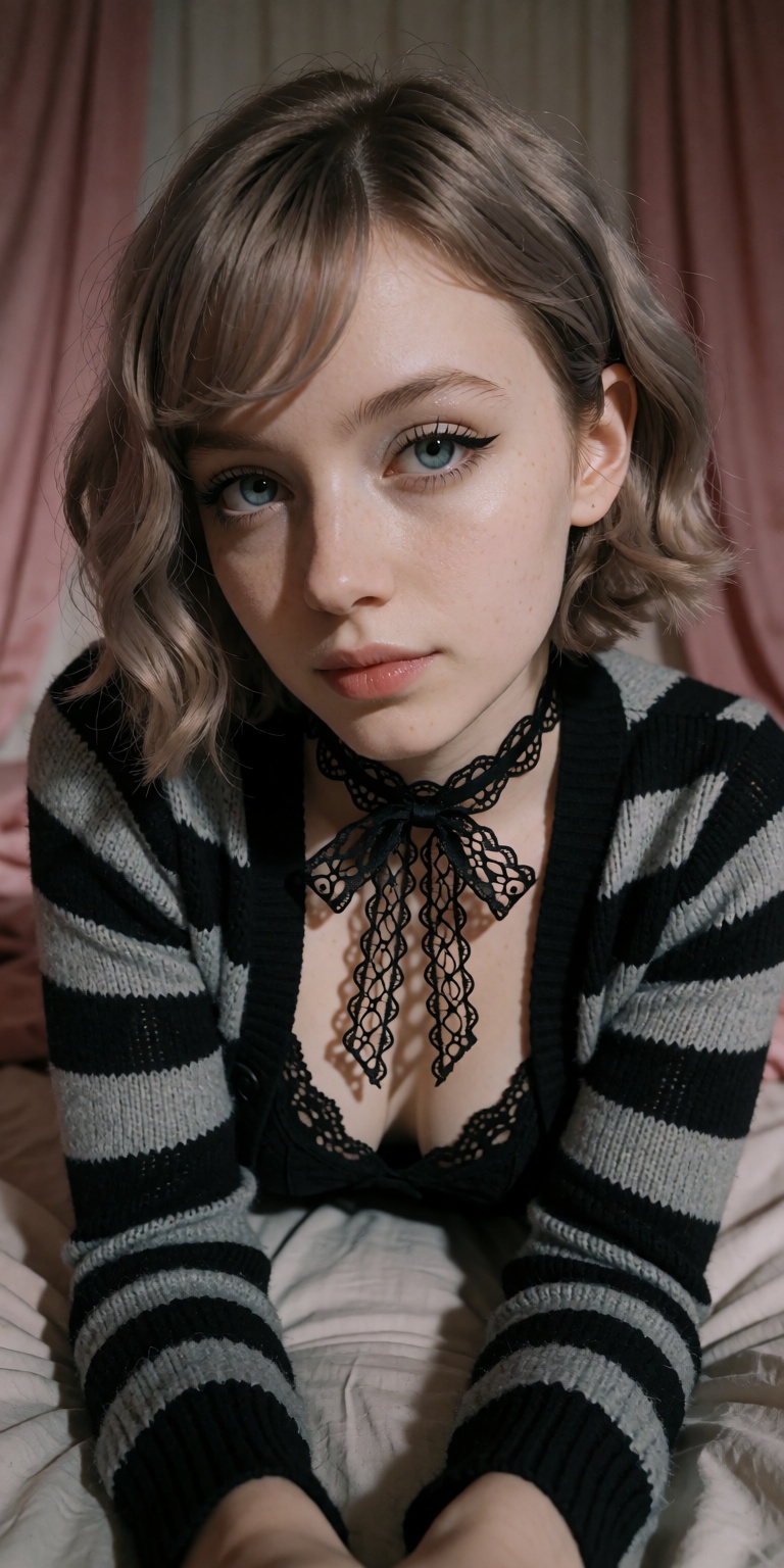 lying back on neutral bed sheets,  head tilted forward towards lens,  pouting mouth slightly open on Tensor.Art