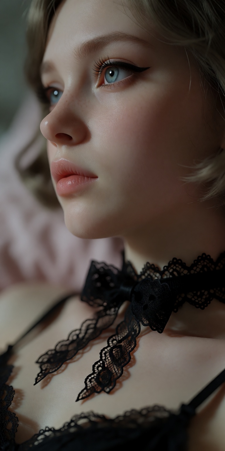 softly blurred muted pink and pale neutral bedding background,  soft indoor lighting,  85mm f/1.2 DSLR portrait lens on Te...