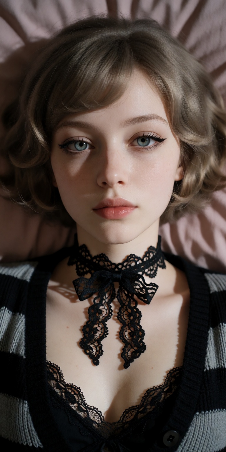 lying flat on neutral bedding with head tilted,  looking up into lens with pouting expression, on Tensor.Art